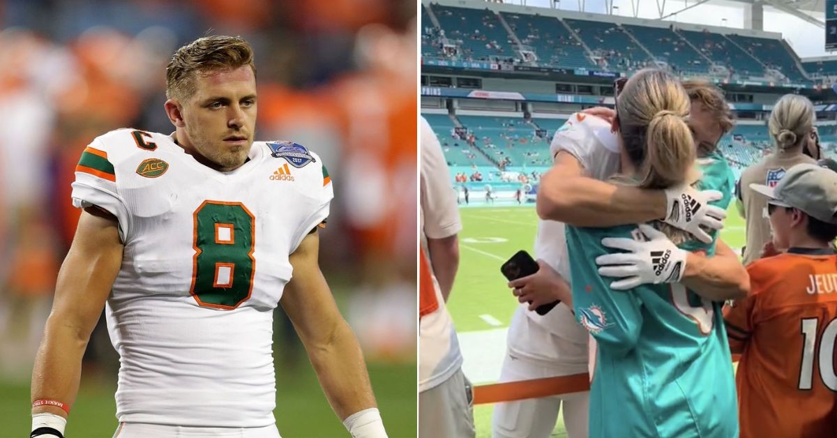 Braxton Berrios and Alix Earle's hug after the game against the Broncos (Credit: CNN)