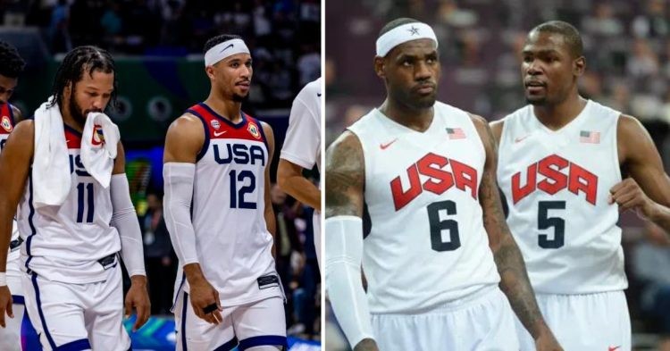 Team USA in the FIBA world cup 2023 and LeBron James and Kevin Durant for Team USA in 2012 Olympics (Credit- Getty Images and Pinterest)