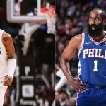 Los Angeles Clippers' Terance Mann and Philadelphia 76ers' James Harden