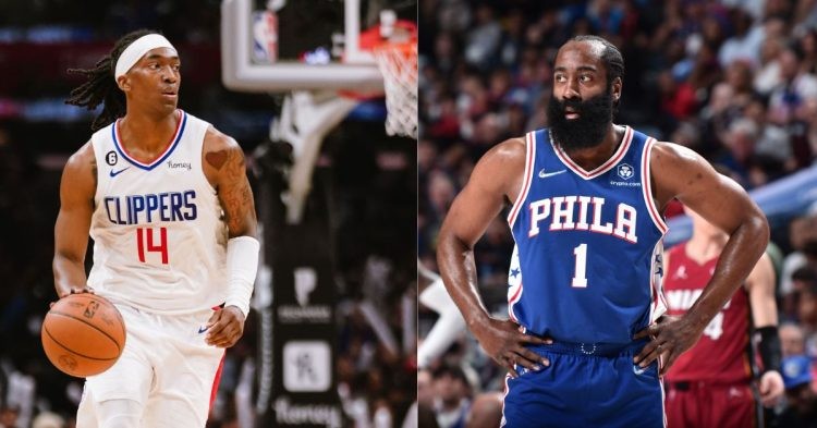 Los Angeles Clippers' Terance Mann and Philadelphia 76ers' James Harden