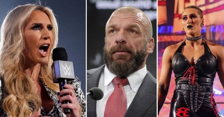 Charlotte Flair (left) Triple H (middle) and Rhea Ripley (right)