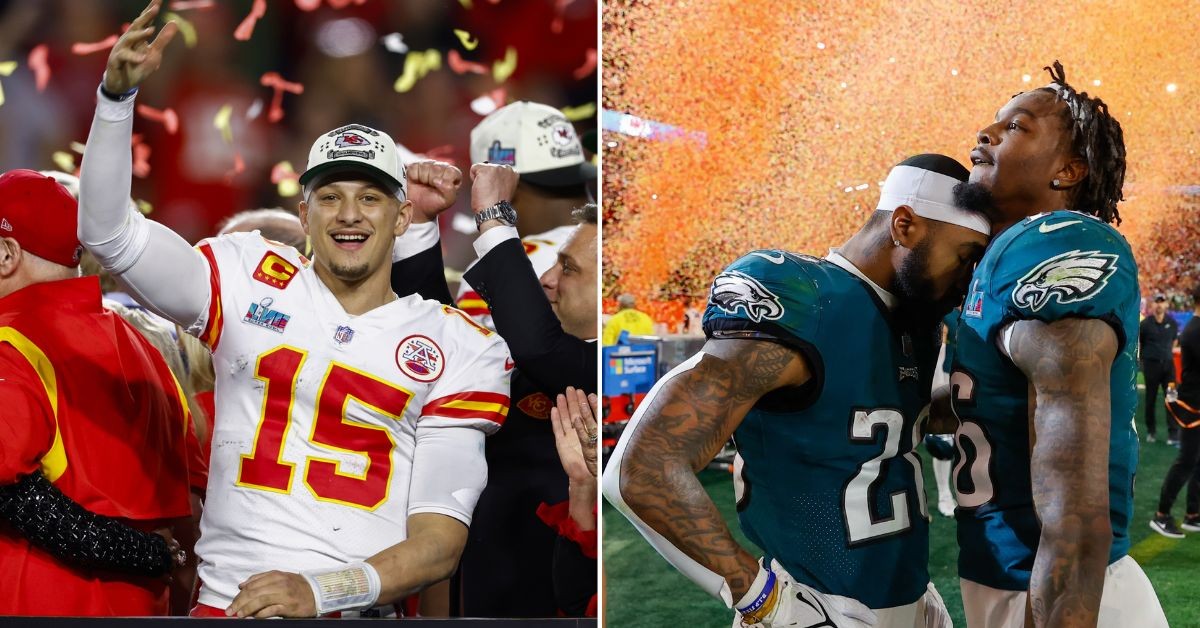 Patrick Mahomes after winning and the Eagles after losing the Super Bowl LVII (Credit: CNN)