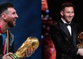 Lionel Messi with World Cup and Ballon d'Or