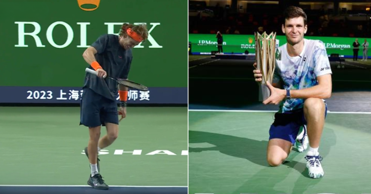 Andrey Rublev after losing the final and Hubert Hurkacz with the trophy at Shanghai. (Credits- X, Xinhua, Wang Lili)