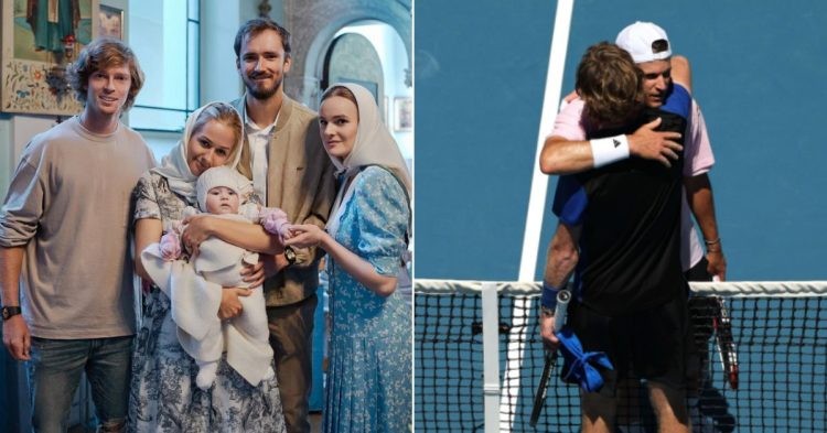 L Andrey Rublev's and Daniil Medvedev's families; R Andrey Rublev with Dominic Thiem
