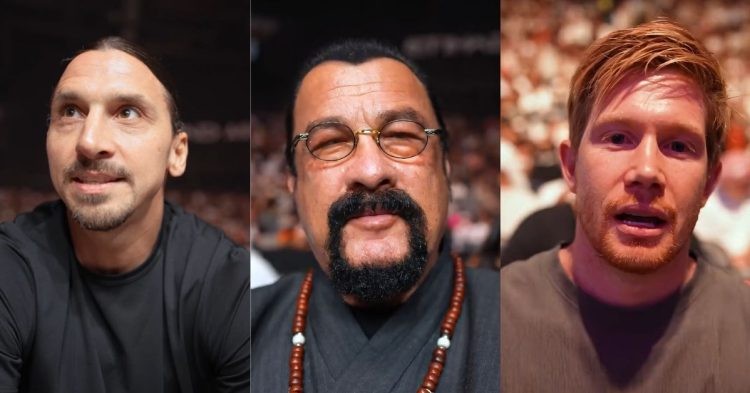 Zlatan Ibrahimovic (left), Steven Seagal (center), and Kevin De Bruyne (right) at UFC 294