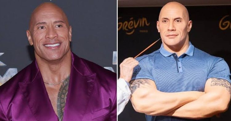 Dwayne Johnson (left) and his wax sculpture (right)