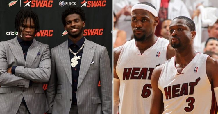 Travis Hunter, Shedeur Sanders (left) and LeBron James and Dwayne Wade (right) (Credit- Sportswire and Getty Images)