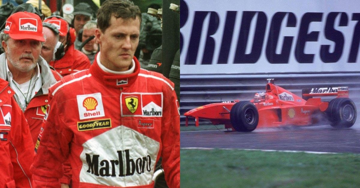 Michael Schumacher at the Belgian Grand Prix, 1998 (left), Schumacher's Ferrari at the very same race after collision (right) (Credits- The Times, Facebook)