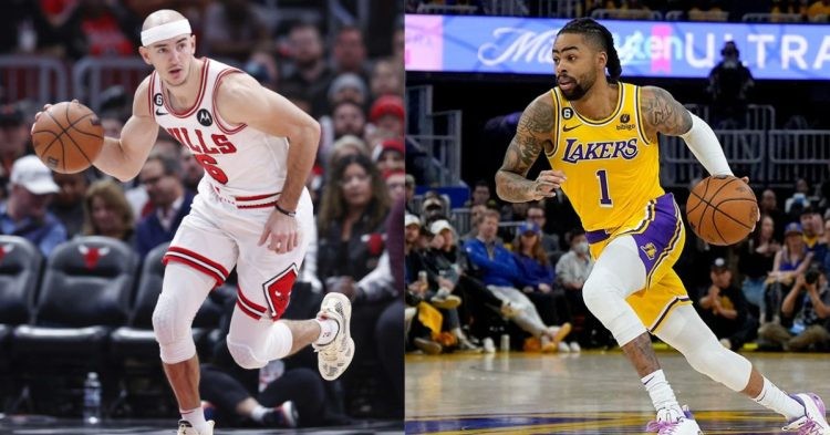 Los Angeles Lakers' D'Angelo Russell and Chicago Bulls' Alex Caruso