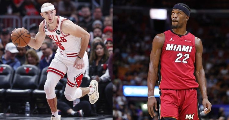 Chicago Bulls' Alex Caruso and Miami Heat's Jimmy Butler