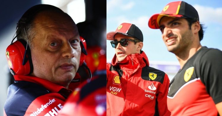 Team principal Fred Vasseur (left), Ferrari drivers Charles Leclerc and Carlos Sainz (right) (Credits- F1, Sky Sports)