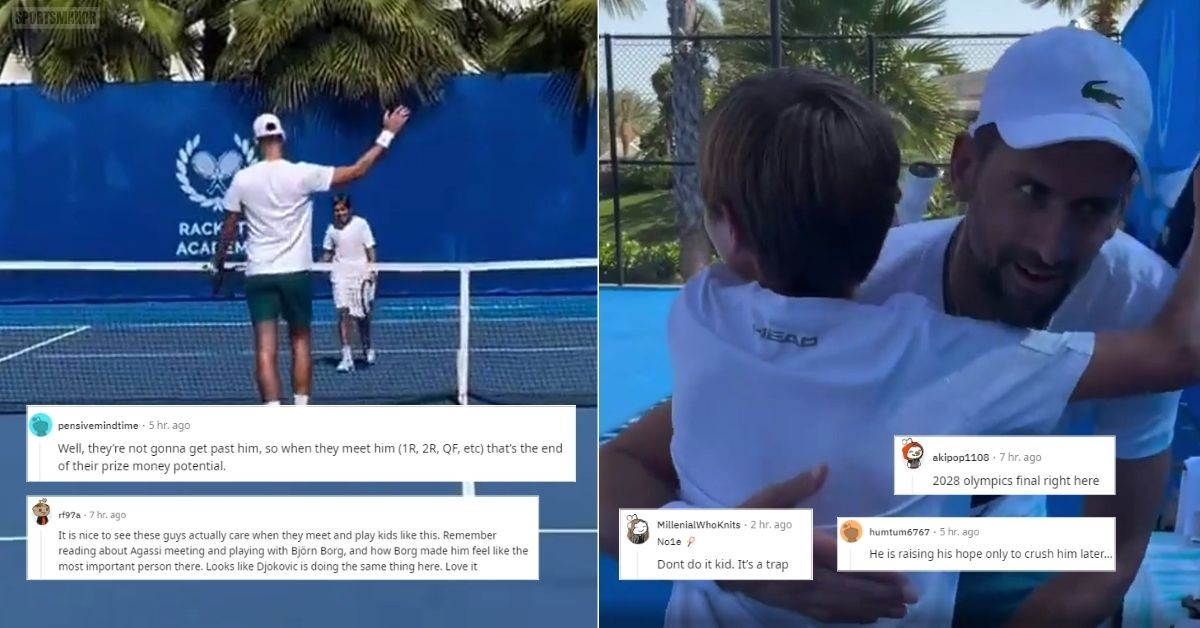 Novak Djokovic practicing with 13 year old Timur Gordeev