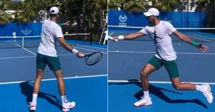 Novak Djokovic practicing with 13-year-old boy