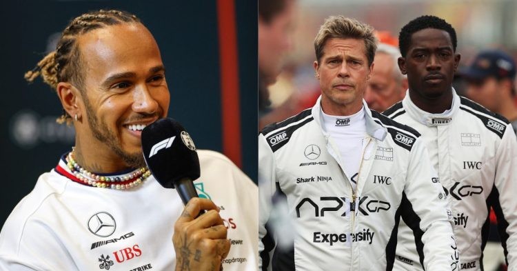 Lewis Hamilton (left), Brad Pitt and Damson Idris (right) (Credits- Silver Arrows Net, The New York Times)