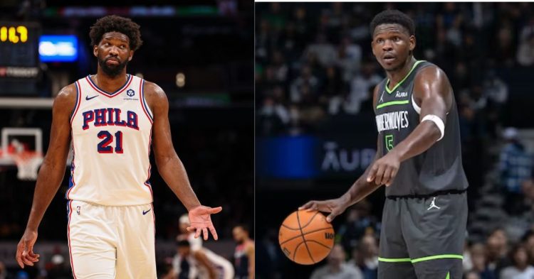 Minnesota Timberwolves' Anthony Edwards and Philadelphia 76ers' Joel Embiid