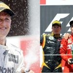 Michael Schumacher (left), Schumacher on podium with Fernando Alonso and Kimi Raikkonen in 2012 (right) (Credits- m.rediff.com, Twitter)