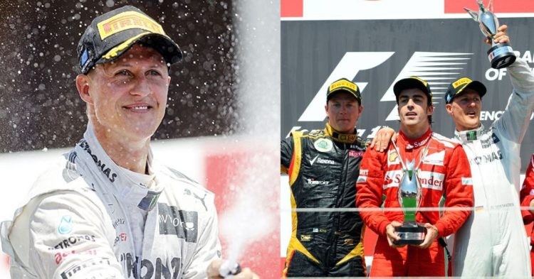 Michael Schumacher (left), Schumacher on podium with Fernando Alonso and Kimi Raikkonen in 2012 (right) (Credits- m.rediff.com, Twitter)