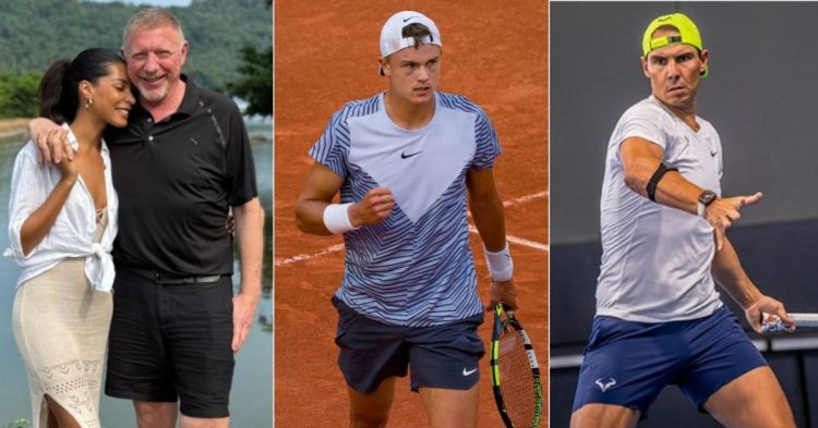 From L to R: Boris Becker with girlfriend, Holger Rune and, Rafael Nadal