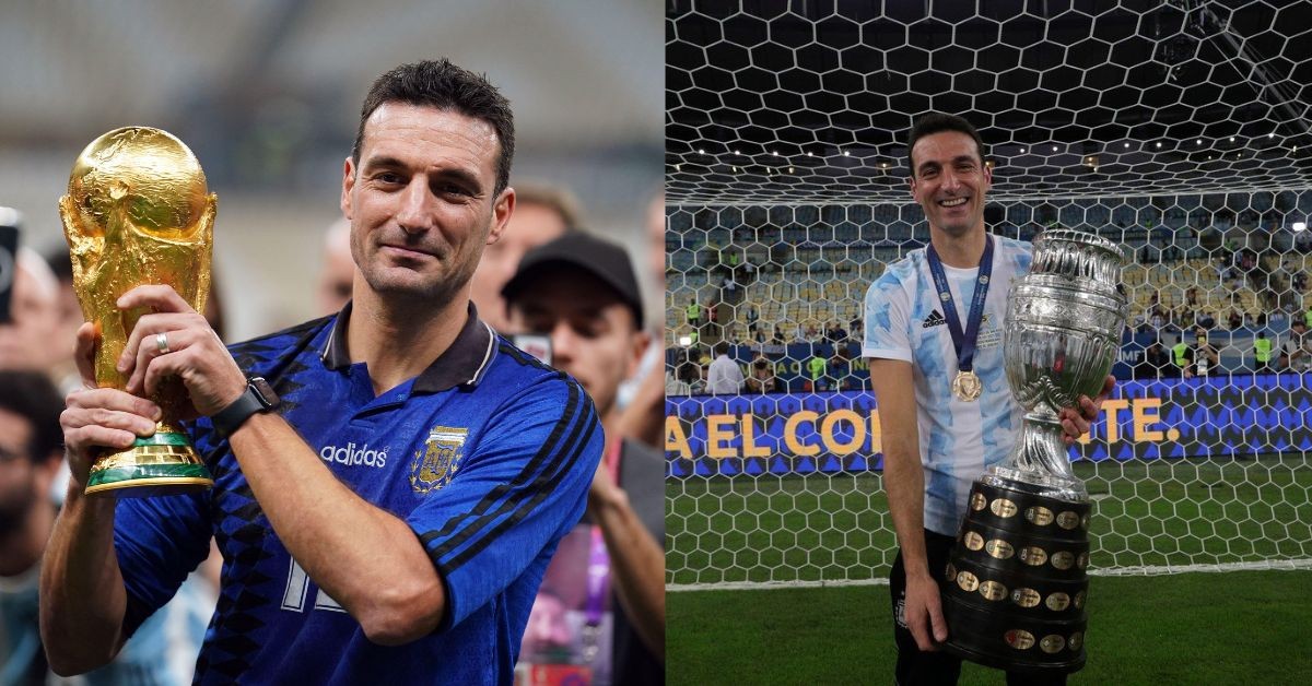 Lionel Scaloni with the World Cup and Copa America trophy