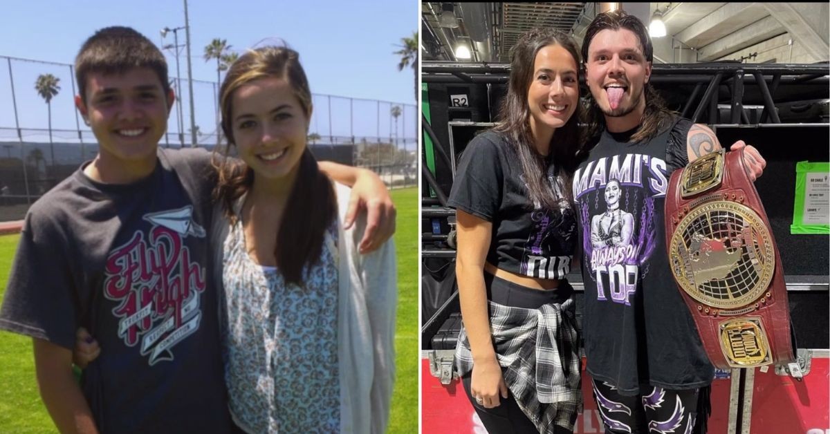 Dominik Mysterio and his fianceé at 15 and 26