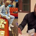 Image collage of Floyd Mayweather with money in a couch and money in his hand