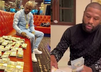 Image collage of Floyd Mayweather with money in a couch and money in his hand