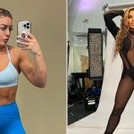 Image collage of Mandy Rose taking selfie and posed