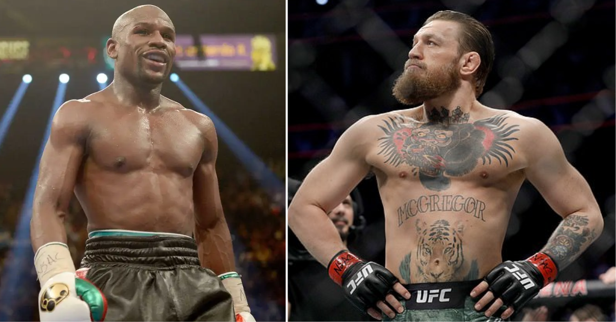 collage of Floyd Mayweather in boxing ring and Conor McGregor in octagon