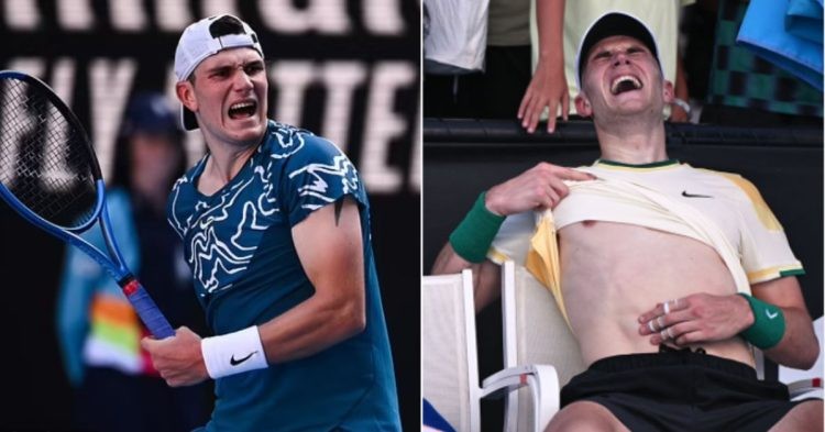 Jack Draper with muscle cramps in A023 (L) and abdominal cramps in AO24 (R)