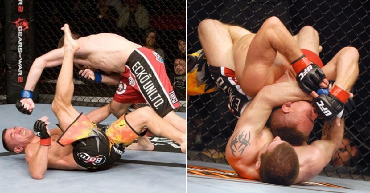 Image collage of Jim Miller vs. David Baron and Jim Miller puts David Baron under a rear naked choke