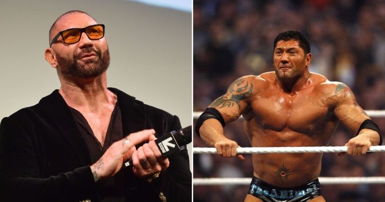 Image collage of Dave Bautista holding a mic and Bautista in WWE ring