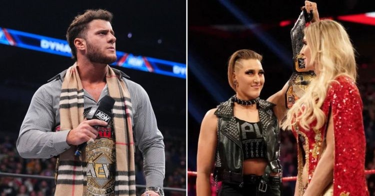 Image of collage of MJF who is surprised for not being on the list and Rhea Ripley together with Charlotte Flair