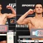 Image collage of Arnold Allen vs Movsar Evloev weigh in
