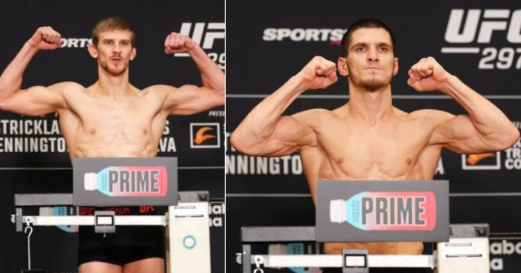 Image collage of Arnold Allen vs Movsar Evloev weigh in
