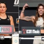 Image collage of Raquel Pennington vs. Mayra Bueno Silva weigh in at UFC 297