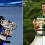 Novak Djokovic with his first and most recent AO trophy