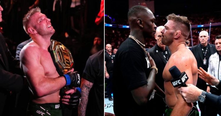 Image collage of Dricus du Plessis with belt and Dricus vs Israel Adesanya faces off