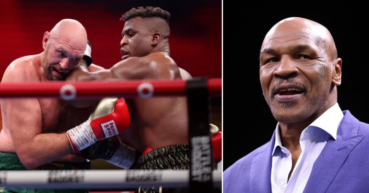 Image collage Ngannou Vs Fury fight on the left and Mike Tyson on the right
