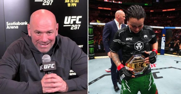 Image collage of Dana White with mic and Raquel Pennington with Championship belt