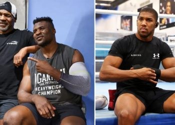 Image collage Mike Tyson and Francis Ngannou point at each other at left and Anthony Joshua at the right