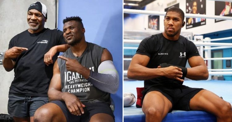 Image collage Mike Tyson and Francis Ngannou point at each other at left and Anthony Joshua at the right