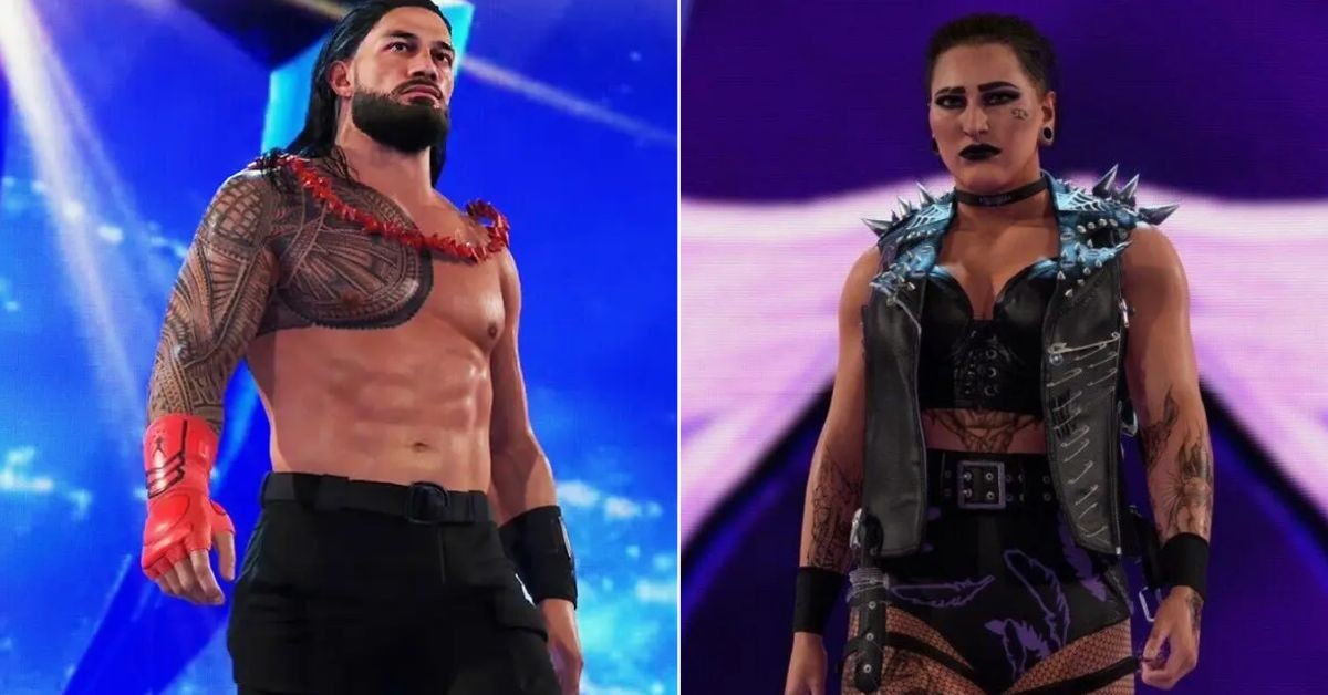 Imaage collage of Roman Reigns and Rhea Ripley in 2K games