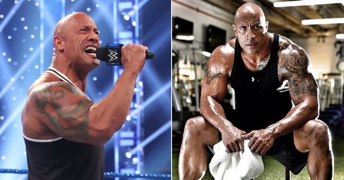 Image collage of The Rock with mic on left and Dwayne Johnson sitting on right