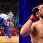 Image collage of Kayla Harrison in Olympics and Khabib Nurmagomedov inside the octagon