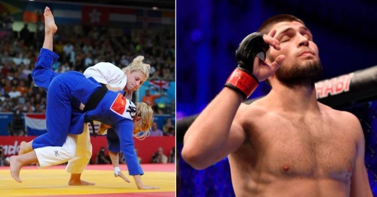 Image collage of Kayla Harrison in Olympics and Khabib Nurmagomedov inside the octagon