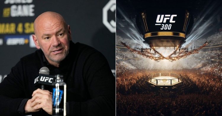 Image collage of Dana White with mic and UFC 300 poster