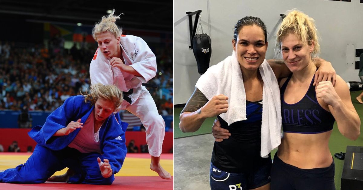 Kayla Harrison in a judo fight (left) - with Amanda Nunes (right)
