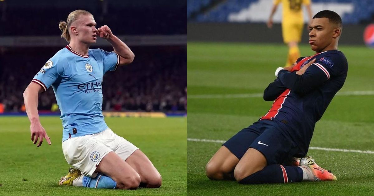 Erling Haaland and Kylian Mbappe slide wearing a manchester city and psg jersey respectively