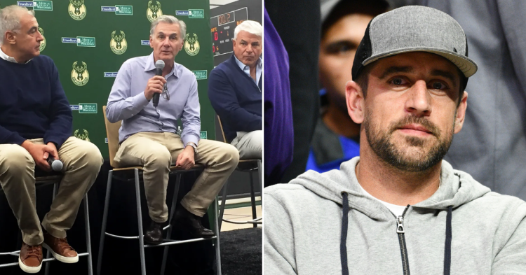 Three principal owners, from left, Marc Lasry, Jamie Dinan and Mike Fascitelli and Aaron Rodgers (Credits: Milwaukee Journal Sentinel and Getty Images)